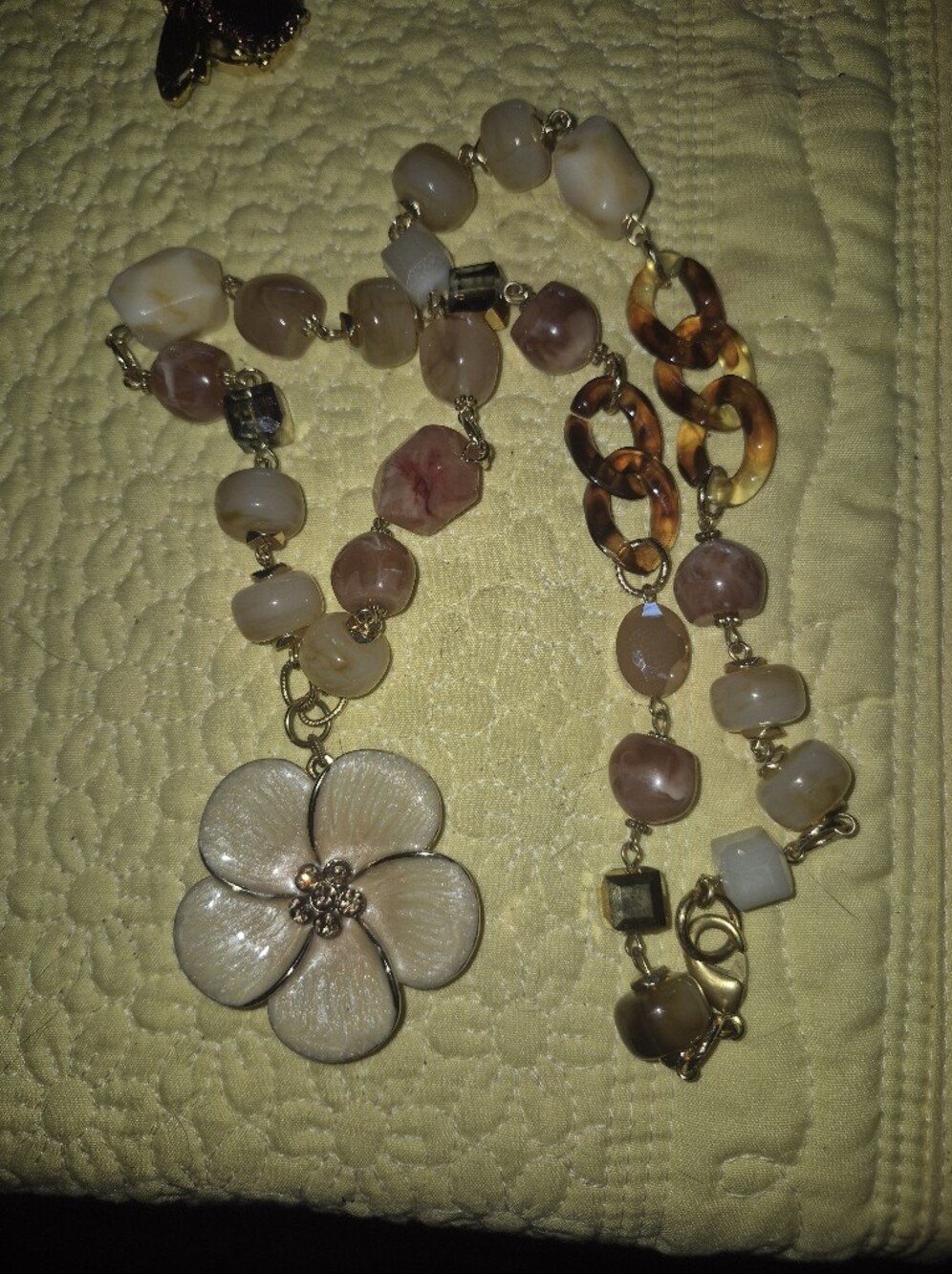 Gold-Tone Floral Pendant Necklace with Cream and Brown Beads